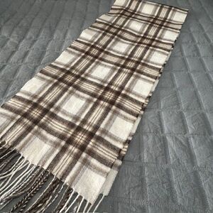 Lochmere 100% Cashmere Scarf Tan Beige Gray Plaid Fringe 11.5” x 58” Preppy